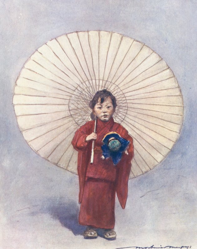 As crianças do mundo: Japonês, o seu primeiro guarda-chuva (litografia a cores) de Mortimer Ludington Menpes