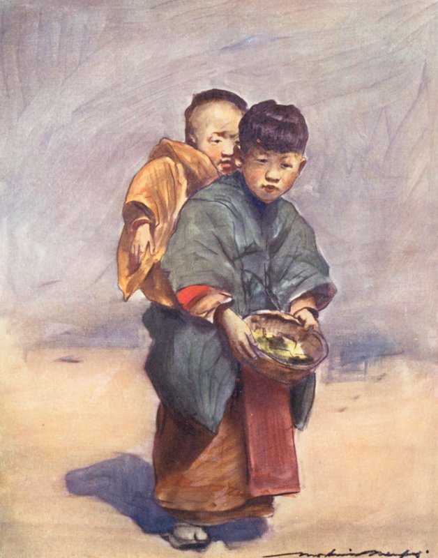 Crianças do Mundo: Japonês, Pequena Mãe (litografia a cores) de Mortimer Ludington Menpes