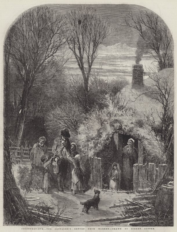 Véspera de Natal, o retorno do Cottager do mercado de Myles Birket Foster