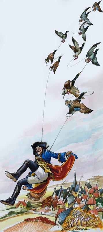 O Barão de Munchausen a ser levado por patos (guache sobre papel) de Nadir Quinto