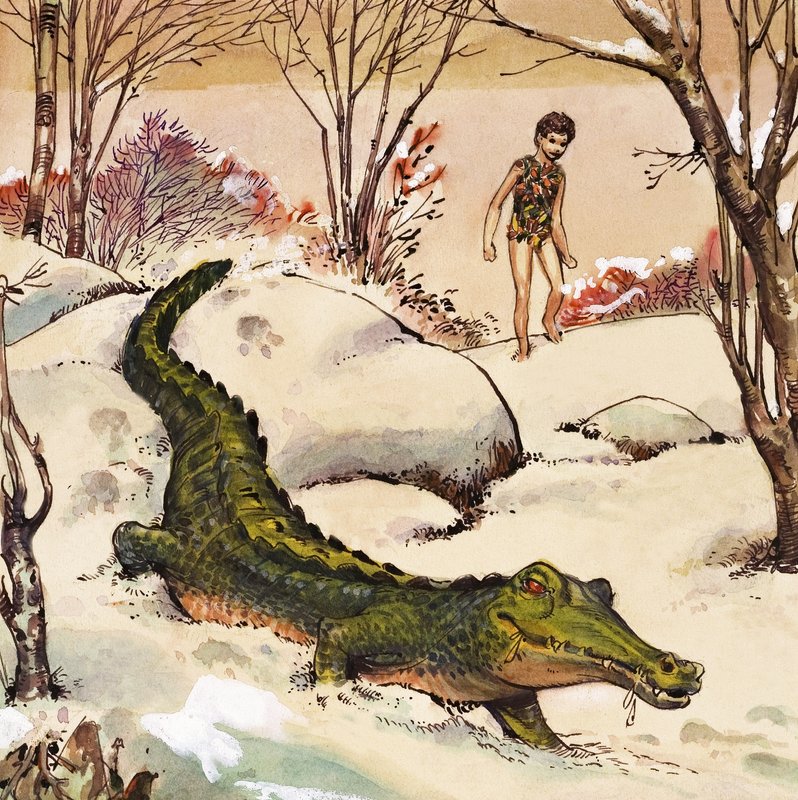 Peter segue o crocodilo, ilustração de "Peter Pan" de J.M. Barrie (guache sobre papel) de Nadir Quinto