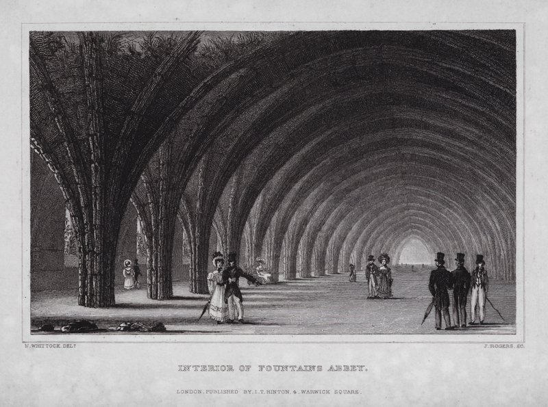Interior da Abadia de Fountains (gravação) de Nathaniel (after) Whittock
