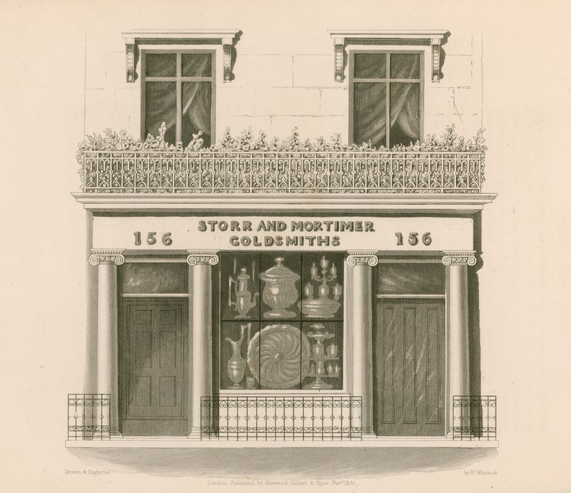 Loja de estilo iônico na frente dos senhores Storr e Mortimer, ourives e joalheiros, nº 156, Bond Street, Londres de Nathaniel Whittock