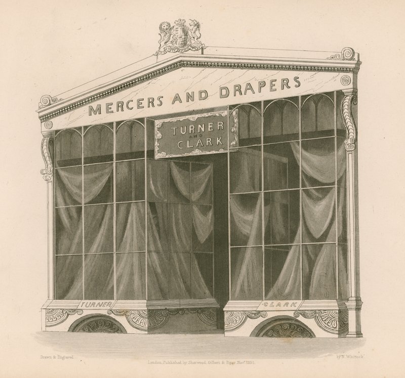 Frente de loja para os senhores Turner e Clark, Mercers e Drapers, Coventry Street, Londres de Nathaniel Whittock