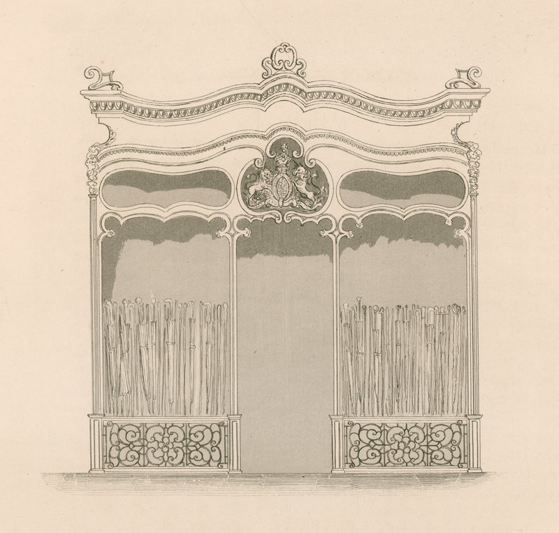 Frente de loja no estilo Luís XIV francês para Srs. Sangster, guarda-chuva e comerciantes de vara, Regent Street, Londres de Nathaniel Whittock