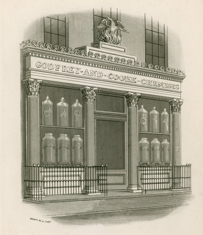 Loja frente de Godfrey e Cooke, químicos, Conduit Street, Londres de Nathaniel Whittock