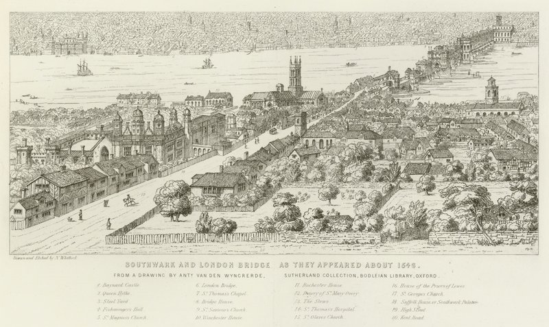 Southwark e London Bridge, como surgiram em 1546 de Nathaniel Whittock