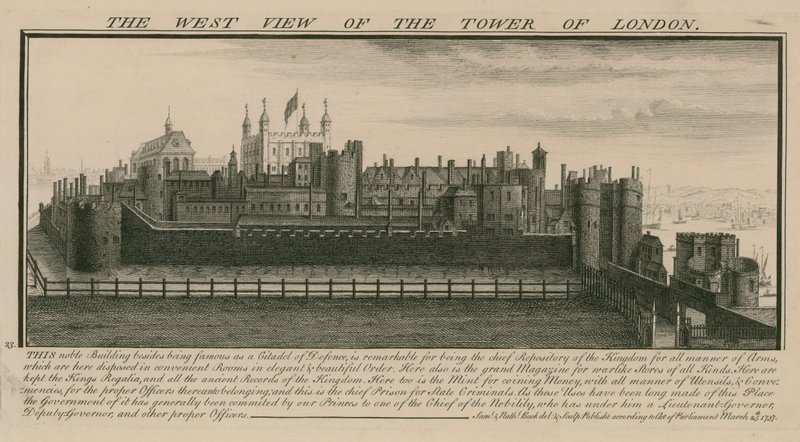 A vista oeste da torre de Londres de Nathaniel and Samuel Buck