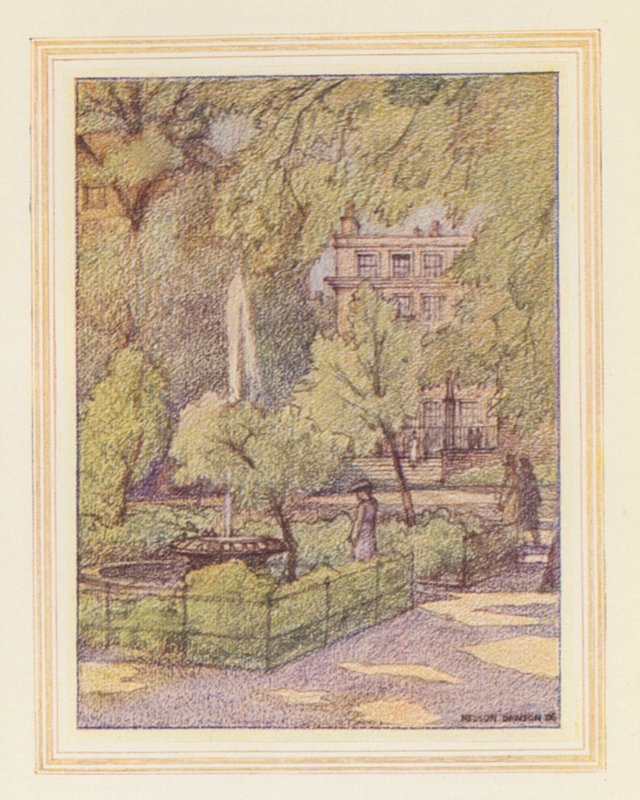 Nos Jardins do Templo, Pátio da Fonte (litografia a cores) de Nelson Dawson