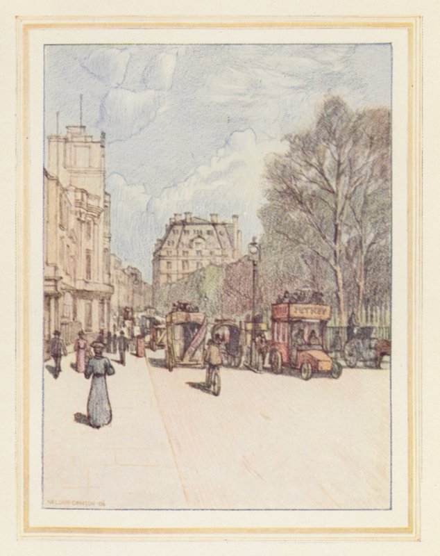 Piccadilly com vista para leste (litografia a cores) de Nelson Dawson