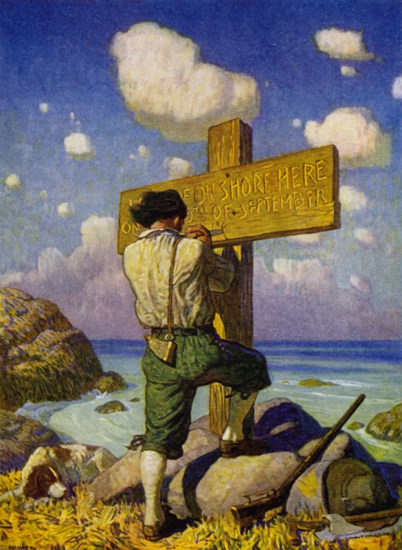 Ilustração para Robinson Crusoe (cor litho) de Newell Convers (after) Wyeth
