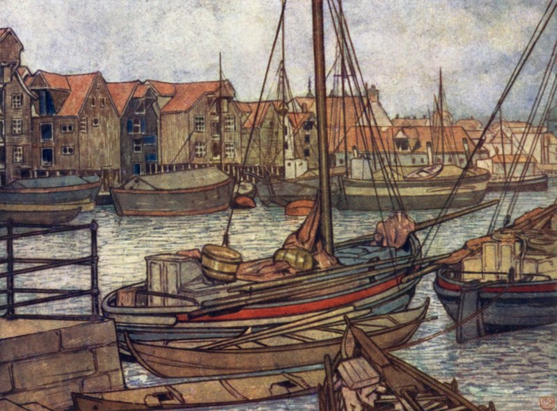 Noruega: Bergen Boats and Warehouses (cor litho) de Nico Jungman