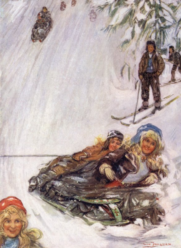 Noruega: Girls on Overturned Sledge, Holmencollen (cor litho) de Nico Jungman