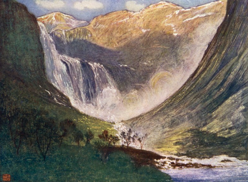 Noruega: Skjaeggedalsfos, Hardanger (cor litho) de Nico Jungman