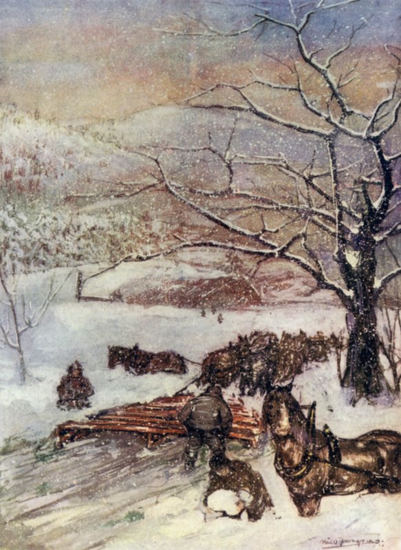 Noruega: Arado de Neve desenhado por Oito ou Dez Cavalos (cor litho) de Nico Jungman