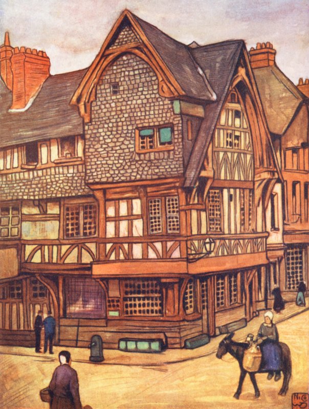 Casa com estrutura de madeira, Lisieux (litografia a cores) de Nico Jungmann