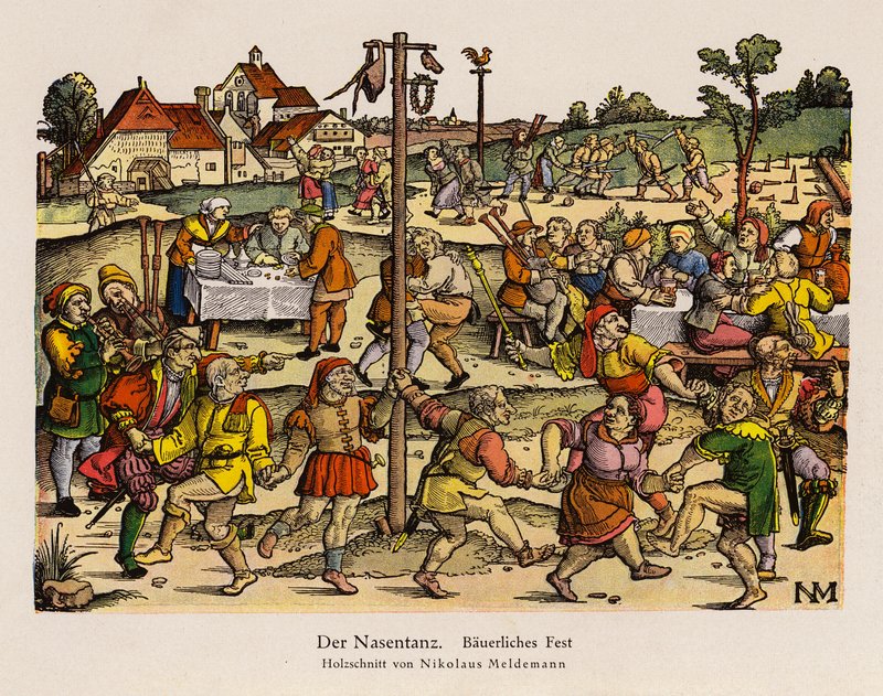 A Dança do Nariz num festival rural (cor litho) de Nicolaus Meldemann