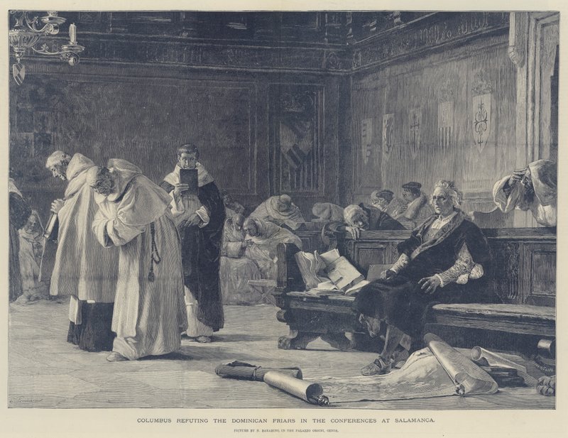 Colombo refutando os frades dominicanos nas Conferências de Salamanca de Nicolo Barabino