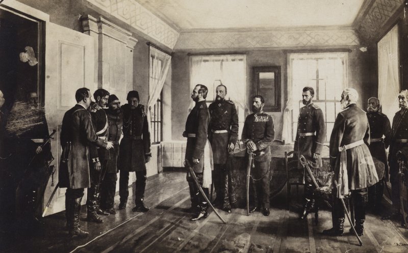 O general otomano capturado Osman Pasha apresentou ao czar Alexandre II da Rússia depois de se render no Cerco de Pleven, Guerra Russo-Turca de 1877-1878 de Nikolai Dmitrievich Dmitriev Orenburgsky