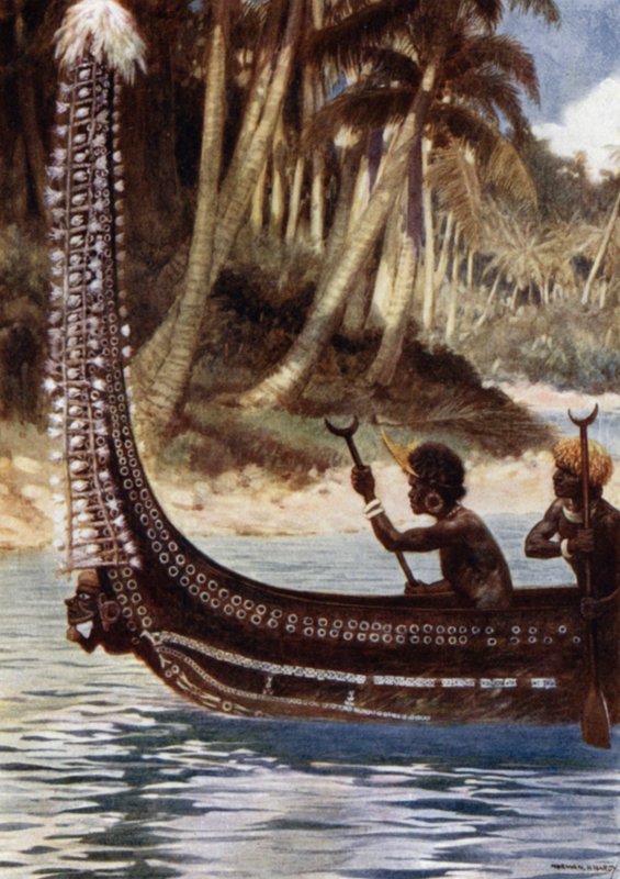 Uma canoa mostrando o "Totoishu", Nova Geórgia, Ilhas Salomão (cor litho) de Norman Hardy
