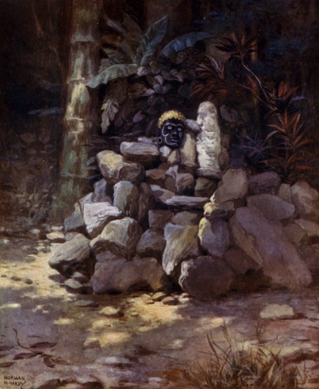 Um Santuário ou Túmulo de um Chefe em Simbo, Ilhas Salomão (cor litho) de Norman Hardy