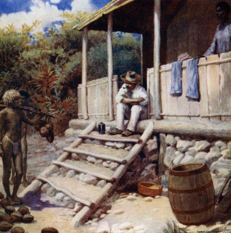 Um Comerciante recebendo nozes de cacau, Aoba, Novas Hébridas (cor litho) de Norman Hardy