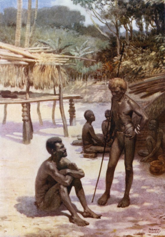 Um Galpão Yam na Ilha de Tierra Espiritu Santo, Novas Hébridas (cor litho) de Norman Hardy