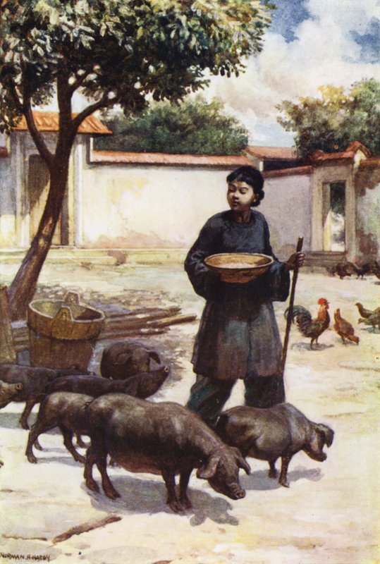 China: Um pátio (cor litho) de Norman Hardy