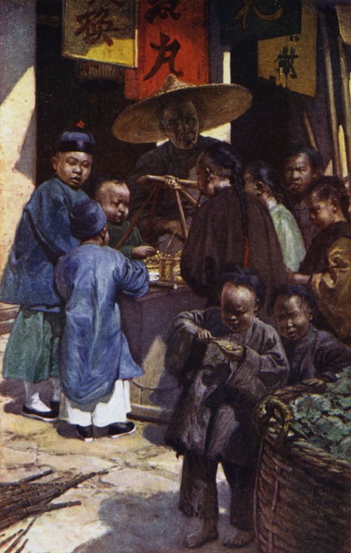 China: Rapazes à volta de uma barraca doce (cor litho) de Norman Hardy
