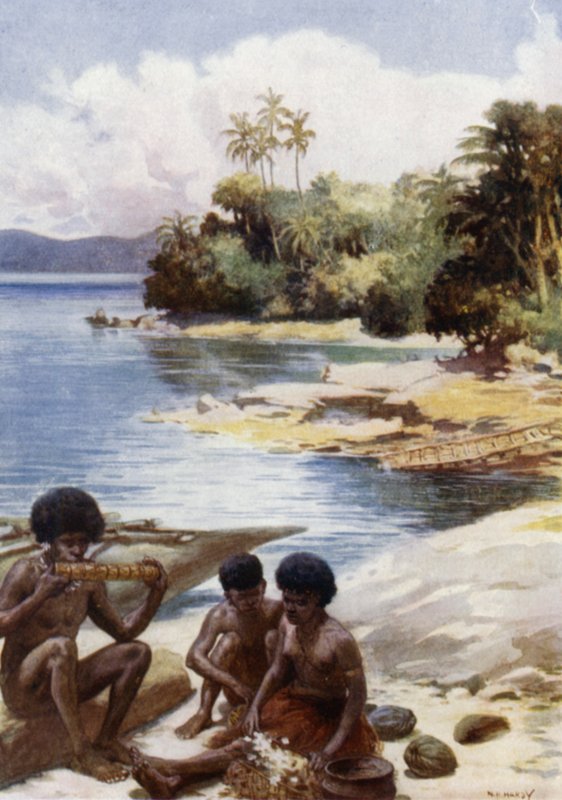 Hora do jantar em Kwato, Nova Guiné Britânica (cor litho) de Norman Hardy