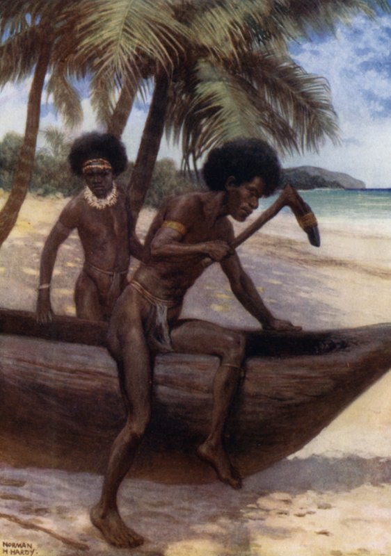 Acabamento de uma canoa, Nova Guiné Britânica (cor litho) de Norman Hardy