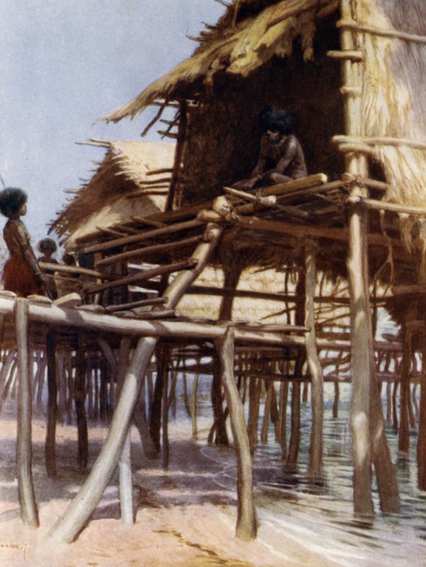 No Pile Dwellings em Hanuabada, Port Moresby, Nova Guiné Britânica (cor litho) de Norman Hardy