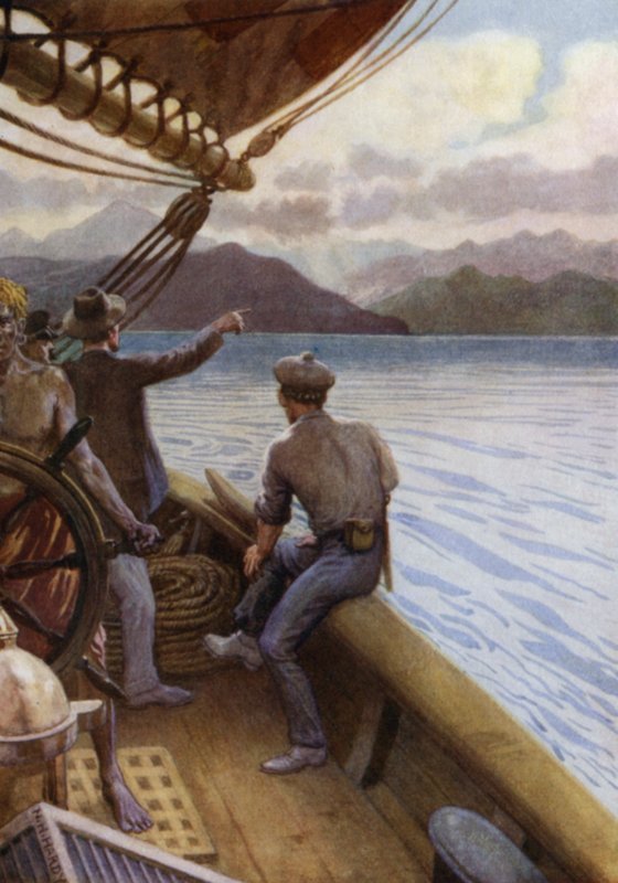 Saindo de Santo, uma vista da Serra, Novas Hébridas (cor litho) de Norman Hardy