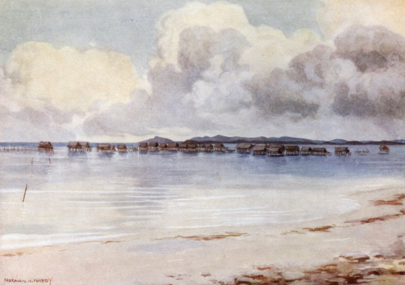 Marine Village, Tupusuli, Nova Guiné Britânica (cor litho) de Norman Hardy