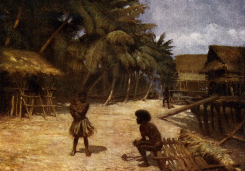 Motu Village, Port Moresby, Nova Guiné Britânica (cor litho) de Norman Hardy