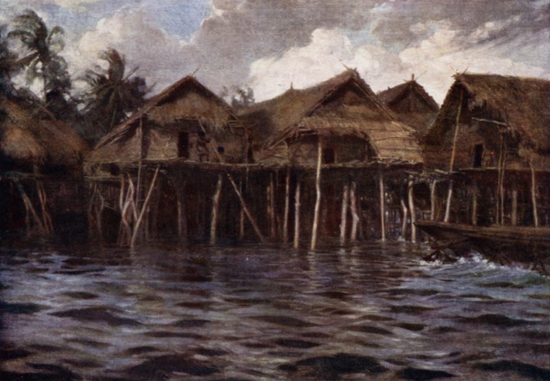 Motu Village from the Sea (cor litho) de Norman Hardy