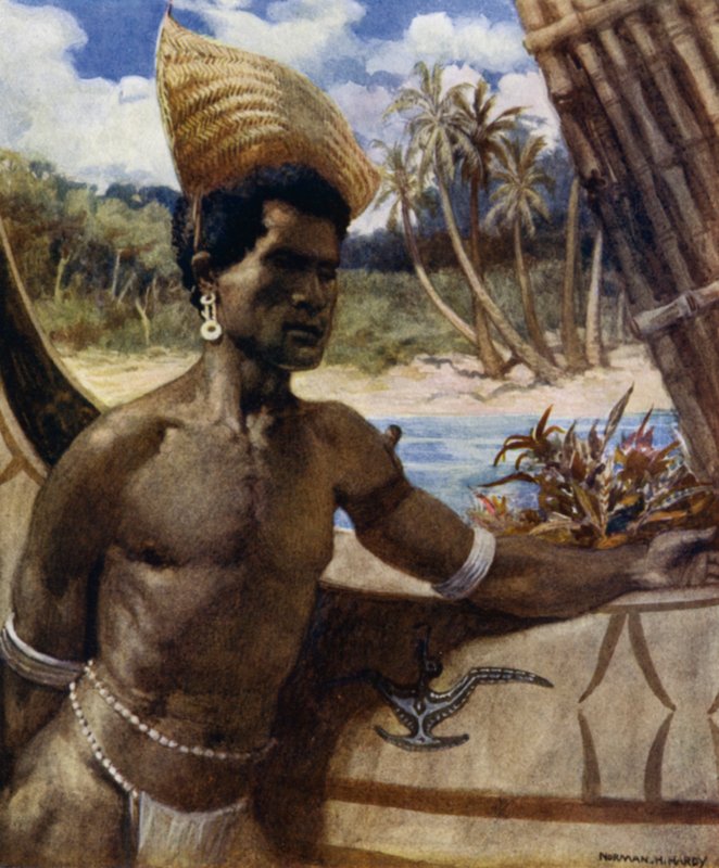 Nativo da Nova Geórgia usando sombreador solar; uma espécie de chapéu sem coroa feito de gramíneas, pode ser usado em qualquer ângulo (cor litho) de Norman Hardy