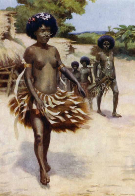 Fora para a Dança Dubu, Nova Guiné Britânica (cor litho) de Norman Hardy