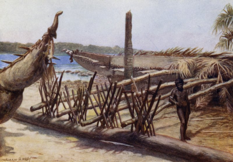 Antigas Canoas de Guerra, perto de Malekula, Novas Hébridas (cor litho) de Norman Hardy