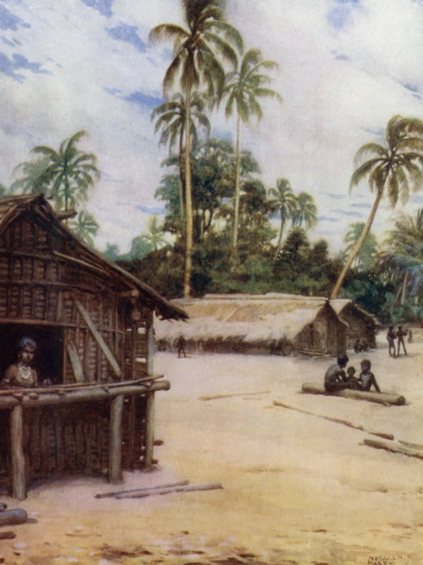 Solomon Island Village, perto de Marau Sound, Nova Flórida (cor litho) de Norman Hardy