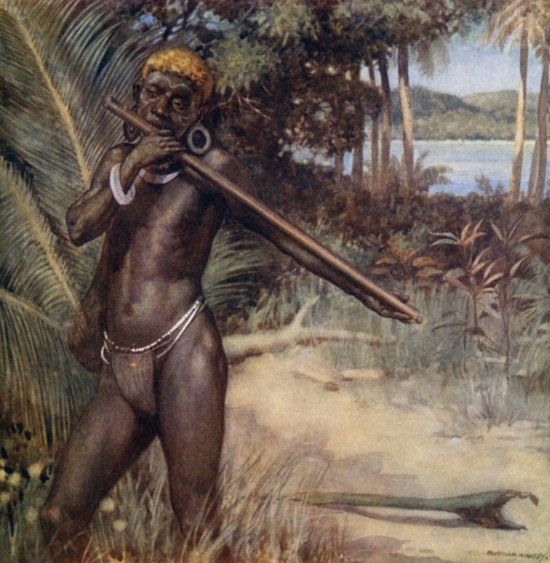Ilhas Salomão tocando o "Ivivu" ou Flauta (cor litho) de Norman Hardy