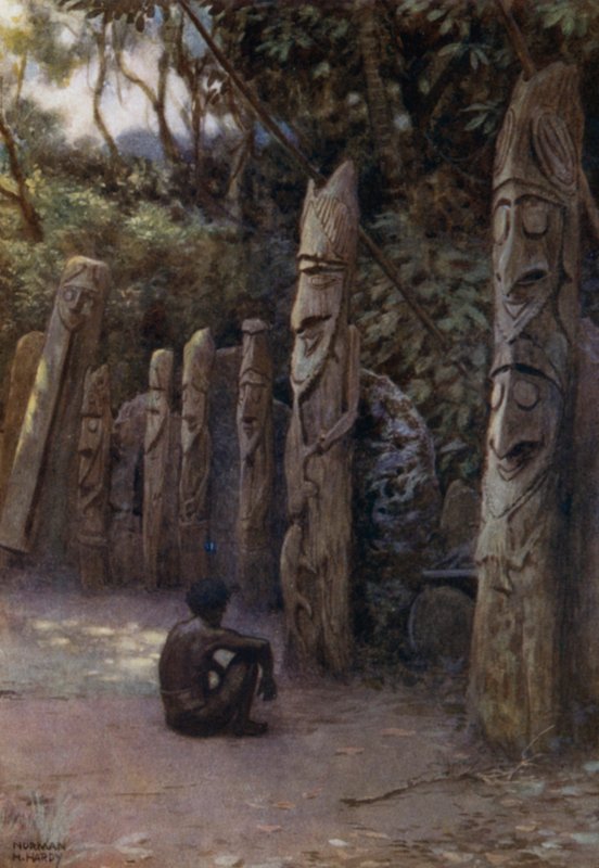 A Pedra "Demits", ou as Almas, com as suas figuras de madeira, Ilha Malekula, Novas Hébridas (cor litho) de Norman Hardy