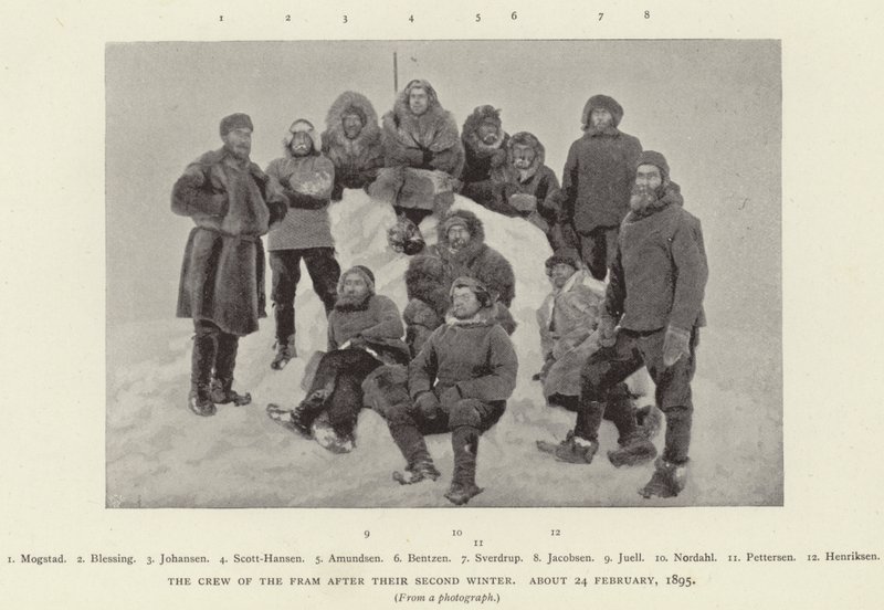 A tripulação do Fram depois do segundo inverno, cerca de 24 de fevereiro de 1895 (foto a p/b) de Norwegian Photographer