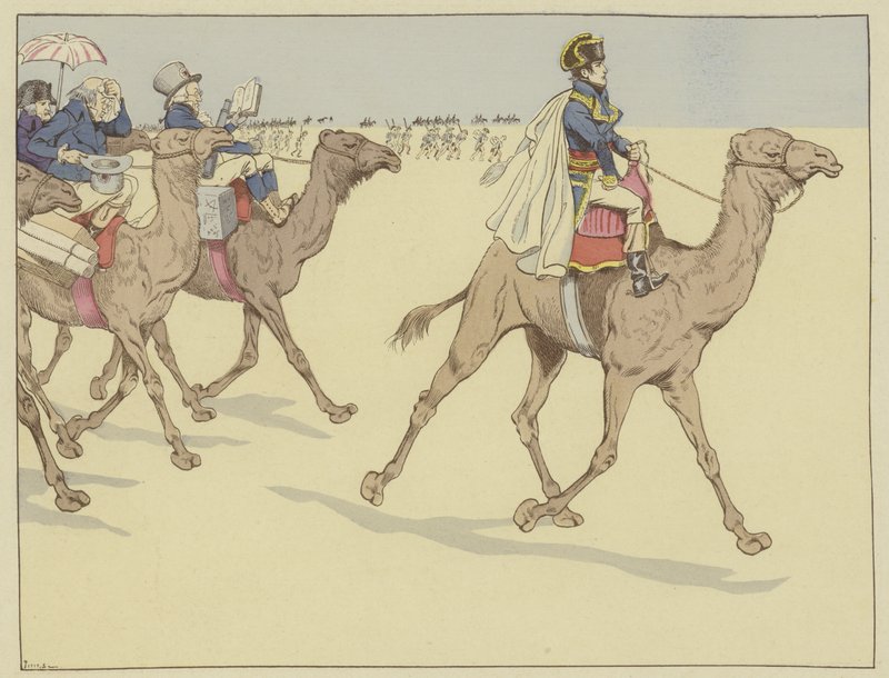 Chegou na terra dos faraós, Napoleão foi em toda parte seguido por uma comissom de estudiosos e artistas que nunca tinham montado nas costas de um camelo, 1 de julho de 1798 de Onfray de Breville Job