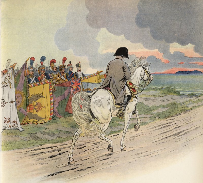 Imagem imaginária de Napoleão a cavalo, recebendo o respeito dos soldados da Europa de Onfray de Breville Job