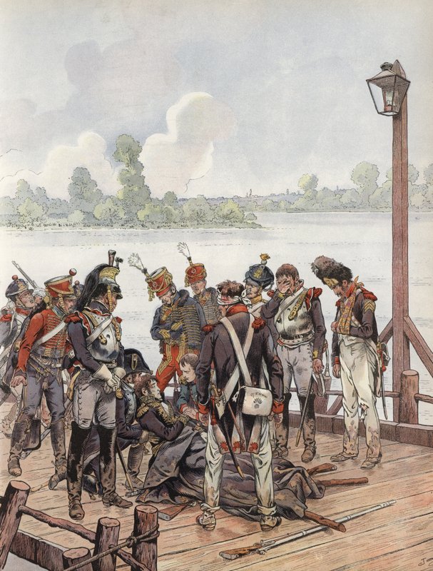 Jean Lannes, tendo sido fatalmente ferido na batalha de Aspern-Essling, com Napoleão, 1809 de Onfray de Breville Job