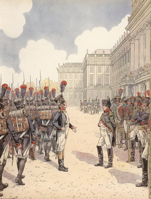 Napoleão sendo abordado por um tenente nervoso durante um desfile em Schoenbrunn de Onfray de Breville Job