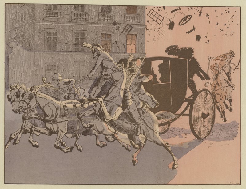 Napoleão tem uma fuga milagrosa da explosão de uma bomba, a máquina infernal, na Rue Saint-Nicaise, Paris, 24 de dezembro de 1800. de Onfray de Breville Job
