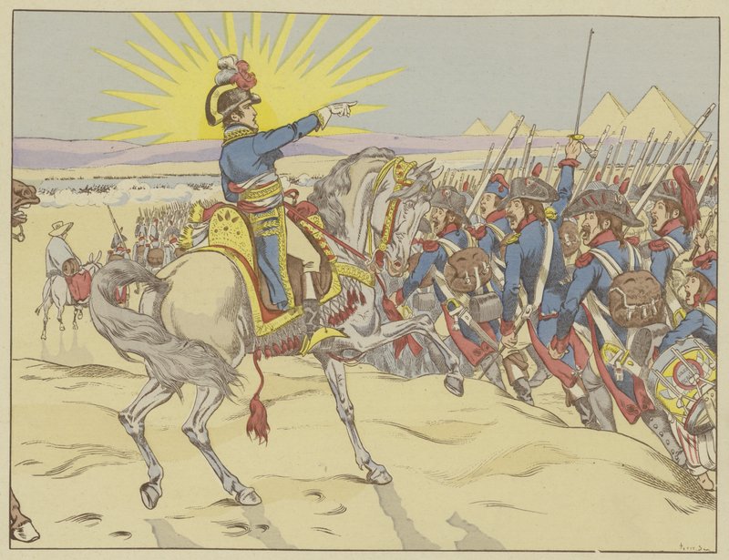 Napoleão inspirando suas tropas na Batalha das Pirâmides, Egito, 21 de julho de 1798 de Onfray de Breville Job