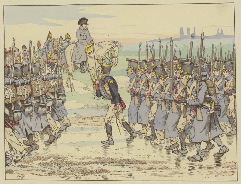 Napoleão olhando como o último contingente do exército na campanha francesa passa perto de Reims, 16 de março de 1814 de Onfray de Breville Job